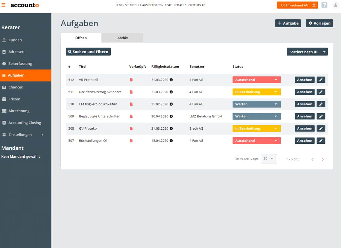 Screenshot Accounto-App Feature Aufgabenorganisation