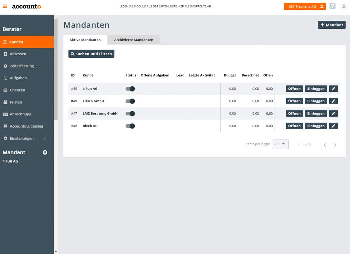 Screenshot Accounto-App Feature Mandatsverwaltung