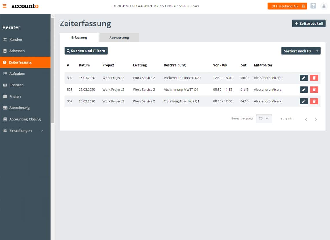 Screenshot Accounto-App Feature Zeiterfassung