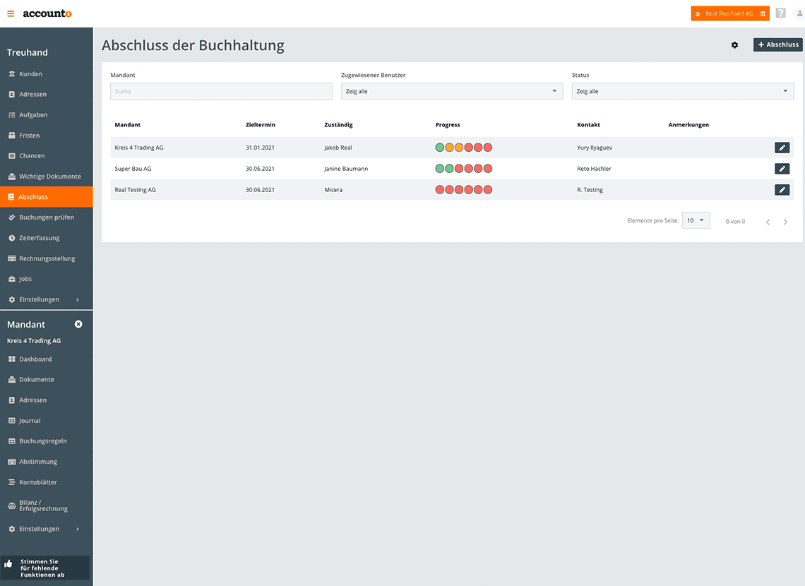 La capture d’écran montre comment une société fiduciaire et une PME peuvent utiliser Accounto pour effectuer la clôture de manière structurée