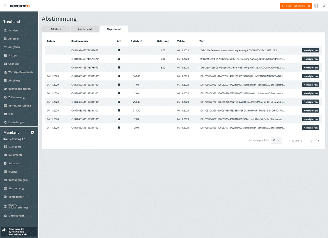 Das Bild verdeutlicht eine Auflistung der abgestimmten Nebenbücher. Diese Arbeit erfolgt mit Accounto automatisiert.