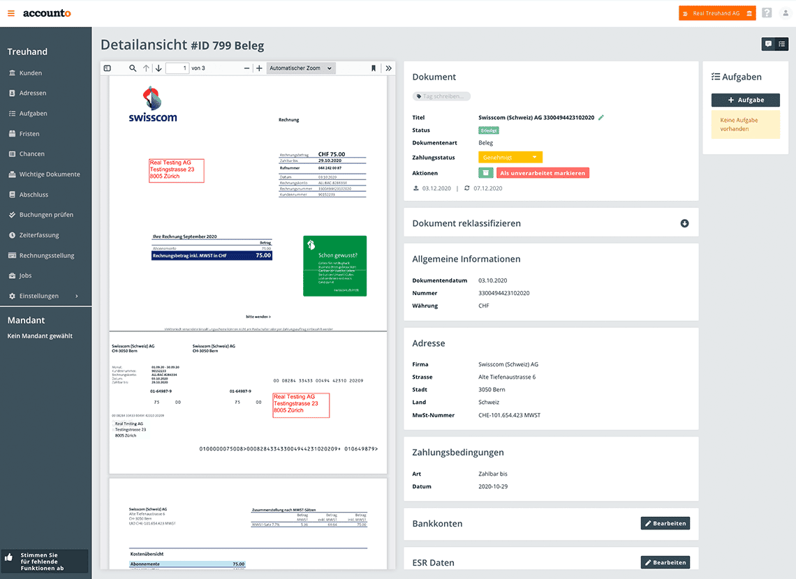 Dans la capture d’écran, on peut voir quelles informations (adresse, montant de la facture, TVA et données de paiement) Accounto lit à partir des pièces comptables.