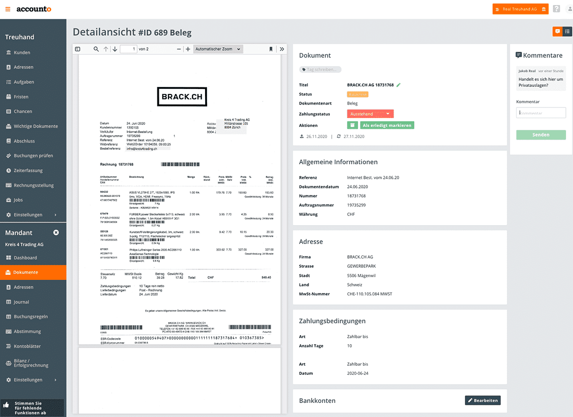 Mit dem Bild erfahren Sie, wie sich Treuhänderinnen und Treuhänder via Accounto mit den KMU austauschen können. Der Screenshot beinhaltet einen extrahierten Beleg, zu dem ein Treuhänder oder eine Treuhänderin einen Kommentar für das KMU erfasst hat.