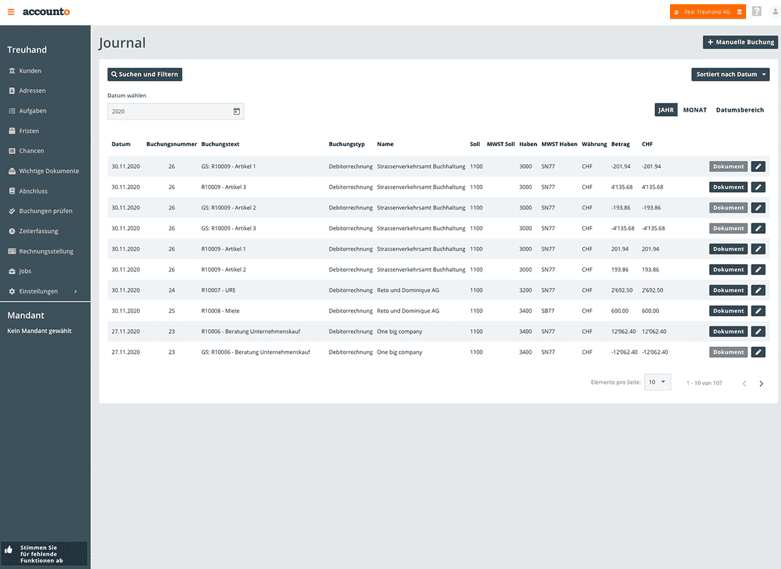 Der Screenshot visualisiert das integrierte FIBU-Modul von Accounto