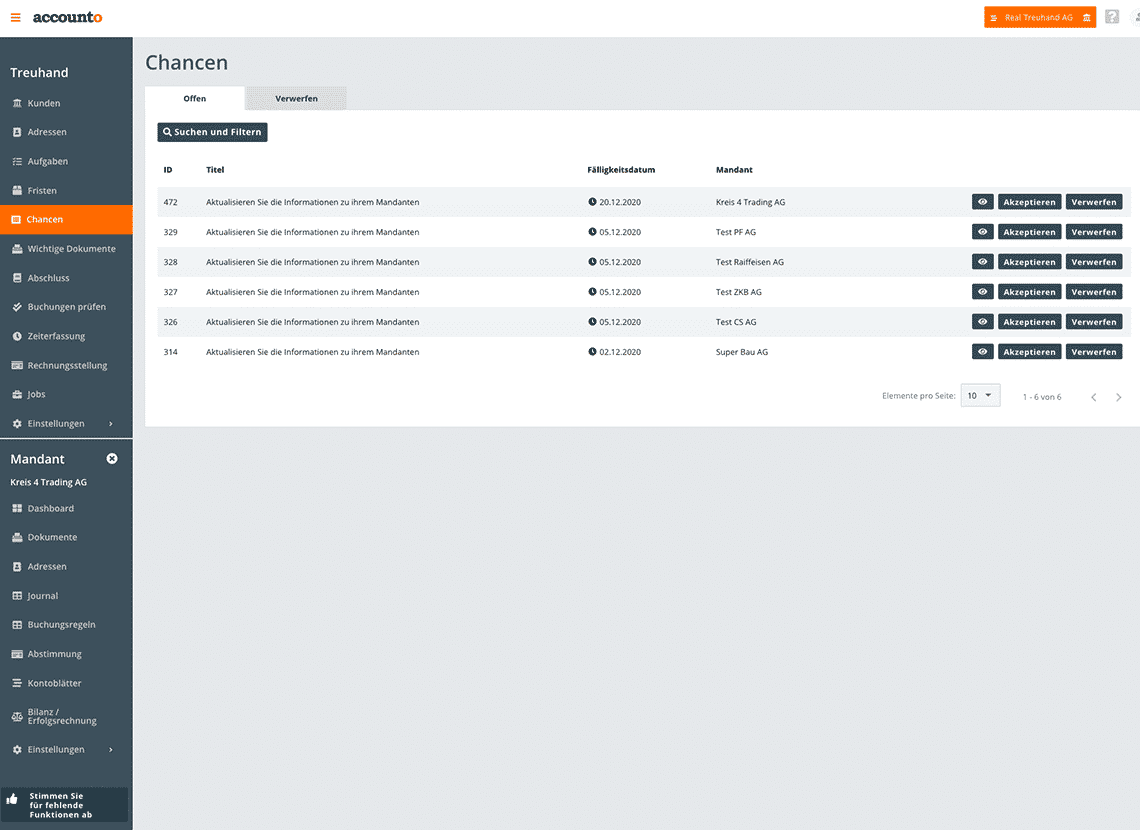 La capture d’écran présente le module Opportunités d’Accounto. Dans ce module, la fiduciaire voit les différentes opportunités et risques d’un client. L’état actuel du travail est également visible.