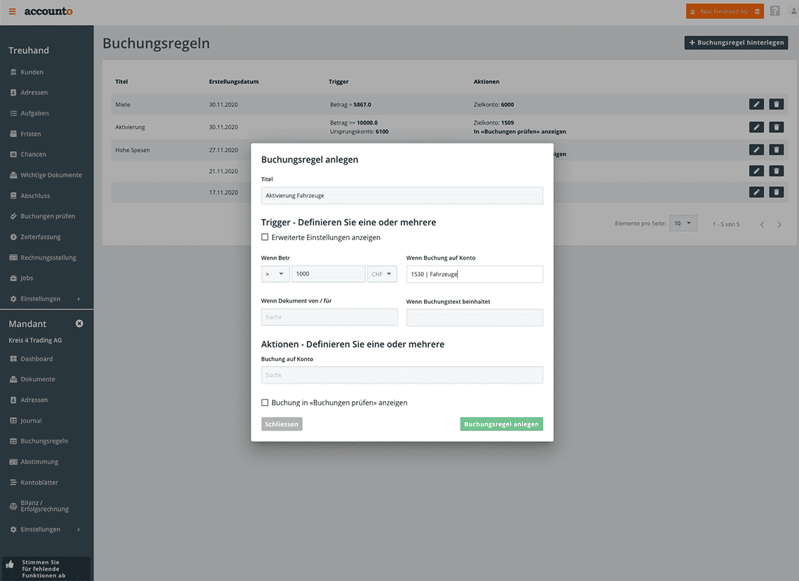 Une capture d’écran présente la possibilité de saisir des règles d’écriture avec Accounto. L’exemple montre une règle pour la comptabilisation automatique des immobilisations.