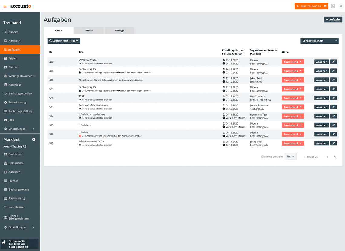 Der Screenshot zeigt das bei Accounto integrierte Aufgaben-Tool. Auf dem Bild befinden sich Aufgaben, die das Treuhandunternehmen oder das KMU erledigen müssen. Dabei ist stets der aktuelle Arbeitstatus ersichtlich.