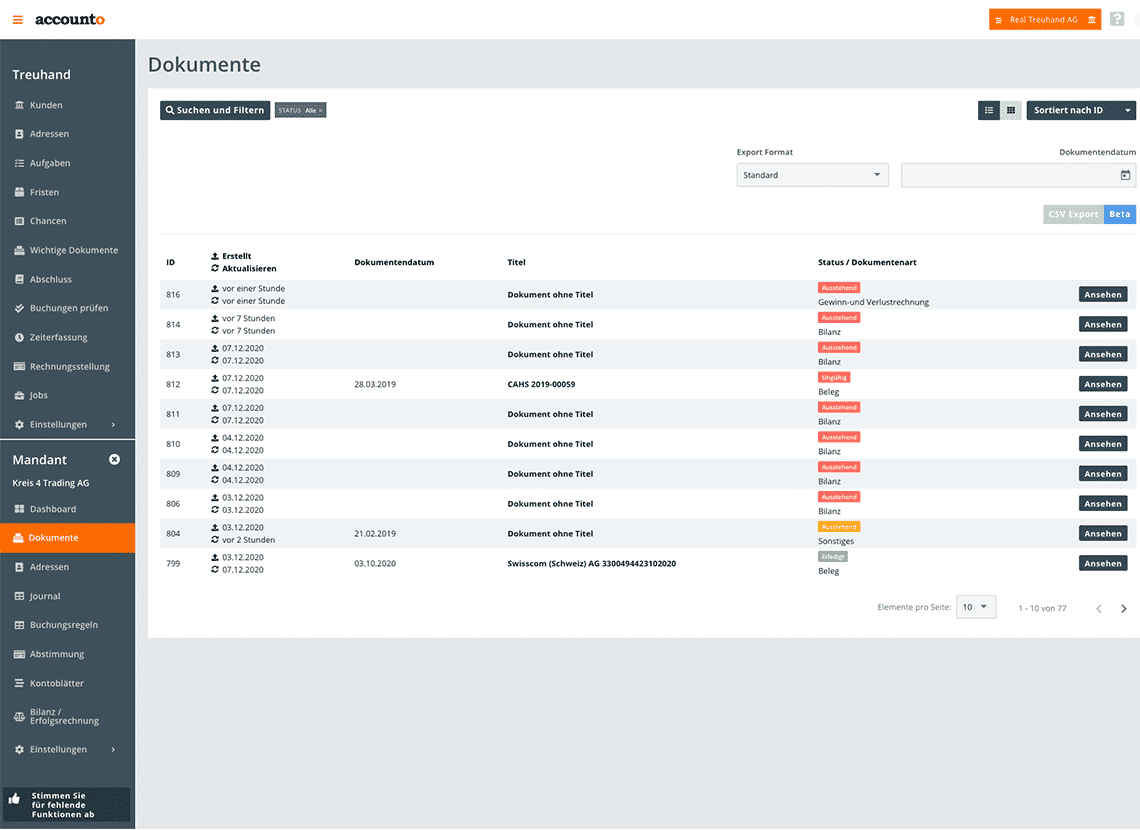 L’extrait de la plateforme Accounto montre que chaque client dispose de sa propre archive de documents numérique.