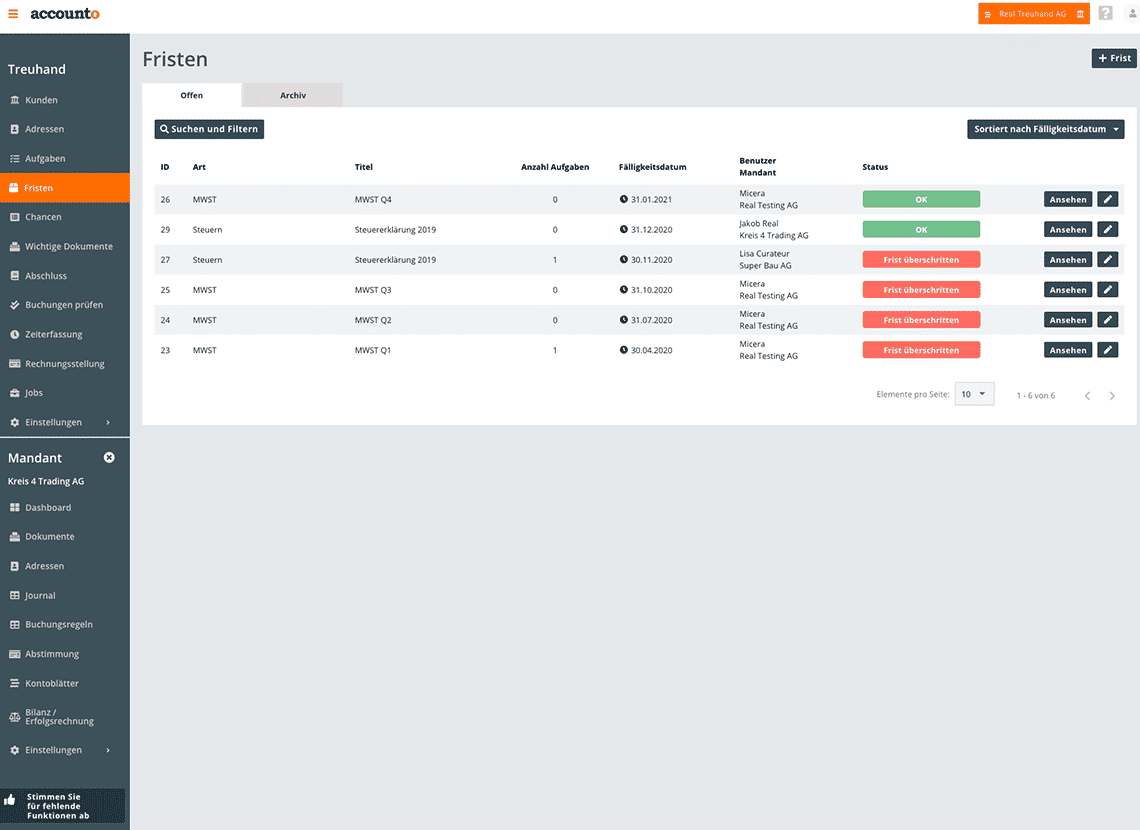 L’extrait de la plateforme Accounto présente le module Délais. L’image montre différentes échéances (p. ex. l’expiration d’un contrat de leasing) dont la société fiduciaire doit s’occuper.