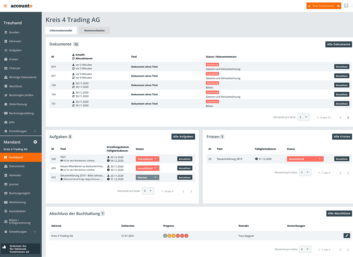 L’image illustre le statut du client mis à jour quotidiennement dans l’application Accounto. Dans une vue d’ensemble, les fiduciaires peuvent toujours voir les échéances, les documents et les tâches les plus importants pour un client particulier.