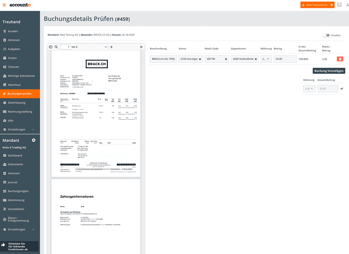 La capture d’écran comprend une pièce comptable Brack, pour laquelle Accounto a créé un enregistrement comptable automatique