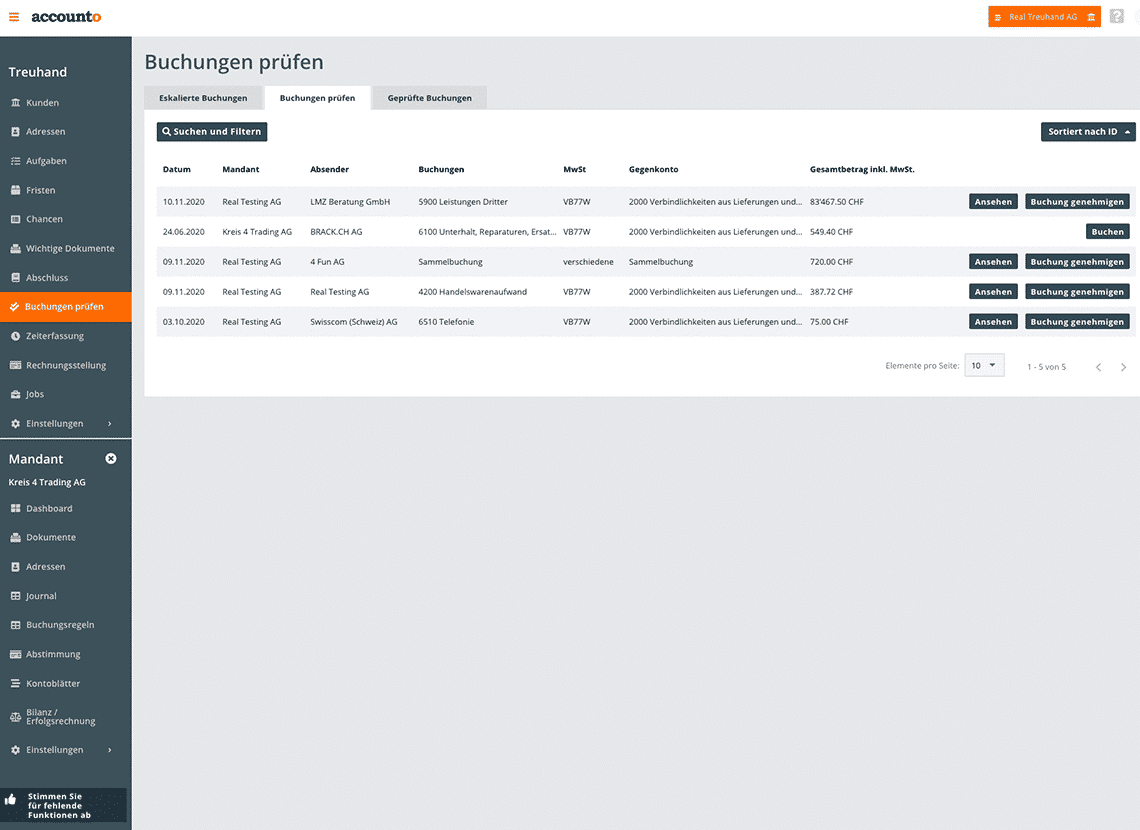 Das Bild visualisiert, wie Treuhänderinnen und Treuhänder sämtliche Buchungen abschliessend in der Accounto-App verifizieren können.