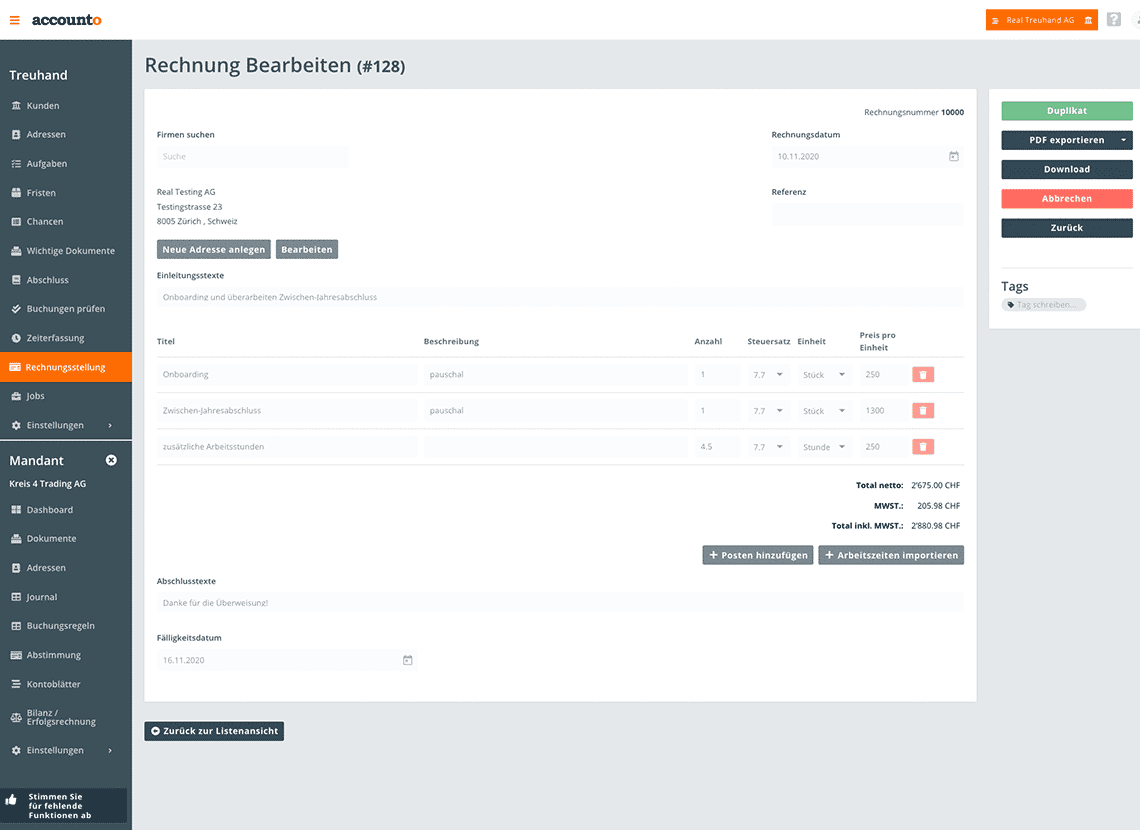 L’image représente le module de facturation sur Accounto. Grâce au concept modulaire (titre du travail, description, nombre et unité), les fiduciaires peuvent facturer les heures de travail effectuées.