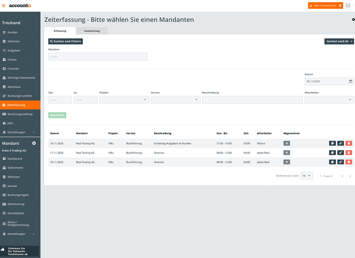 Das Bild visualisiert das Zeiterfassungstool für Treuhänderinnen und Treuhänder. Auf dem Screenshot sind drei Zeiteinträge ersichtlich, die Treuhänderinnen und Treuhänder getätigt haben.