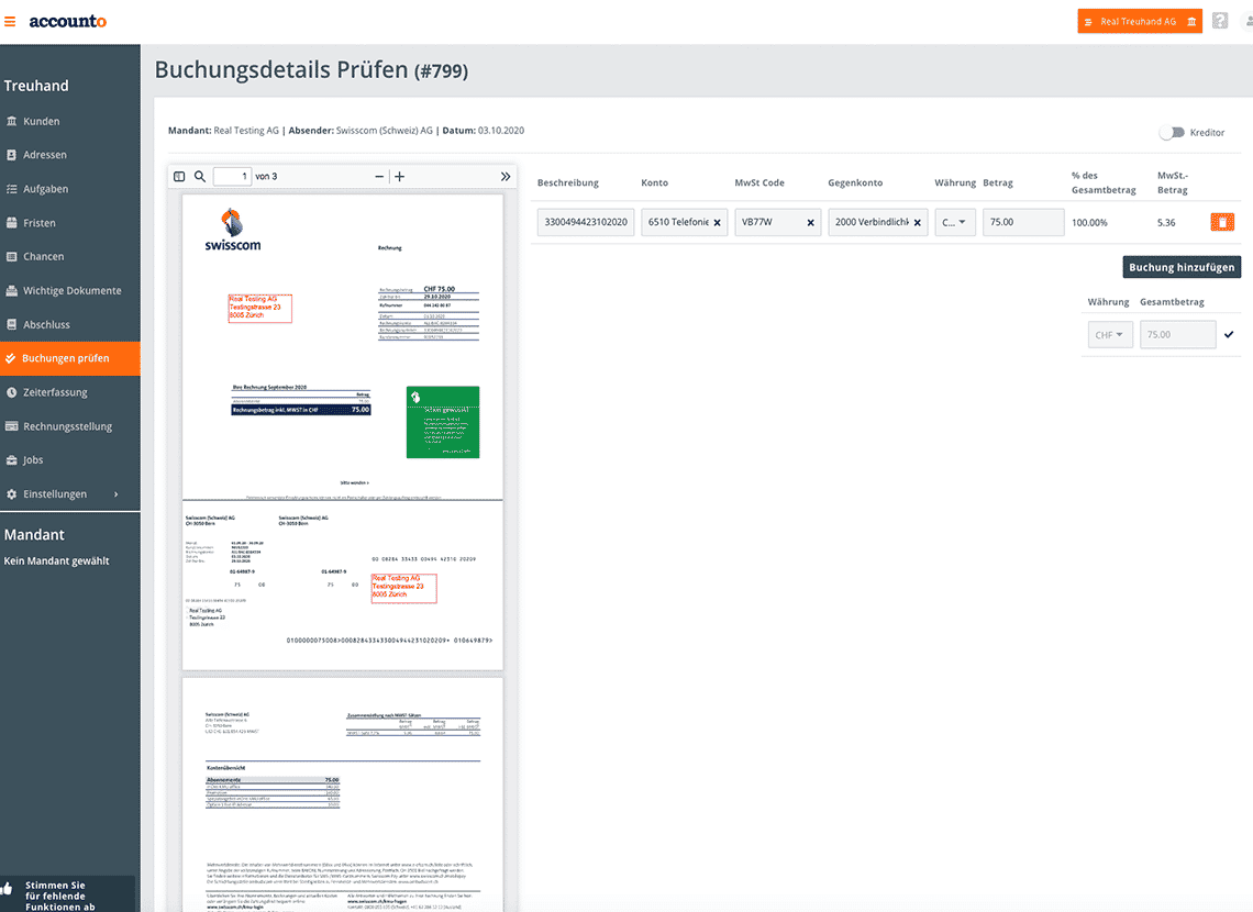 Das Bild stellt einen Buchungssatz dar, den die Maschine von Accounto automatisch generierte.